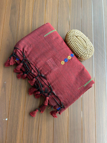 Khadi cotton saree with lined pattern embroidery - Maroon