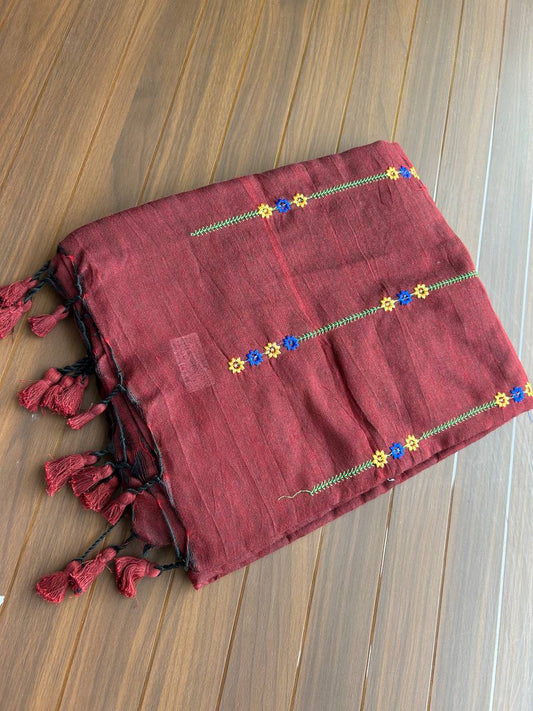 Khadi cotton saree with lined pattern embroidery - Maroon