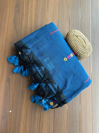 Khadi cotton saree with lined pattern embroidery