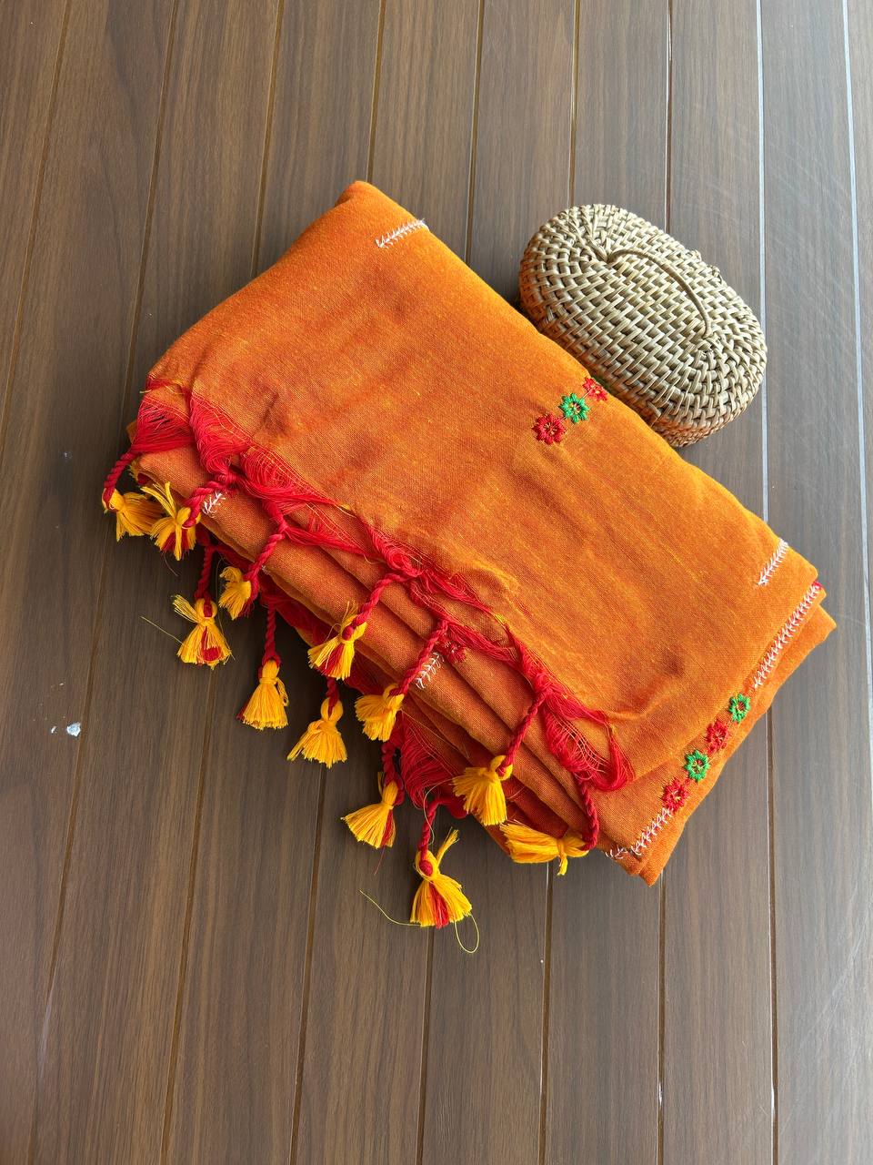 Khadi cotton saree with lined pattern embroidery - Orange