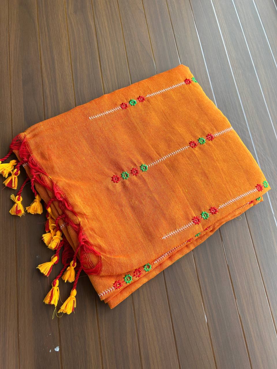 Khadi cotton saree with lined pattern embroidery - Orange