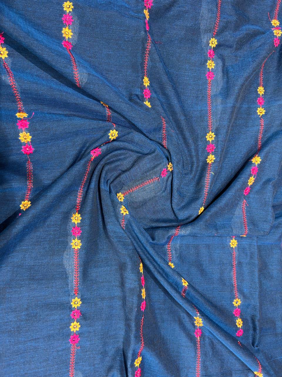 Khadi cotton saree with lined pattern embroidery