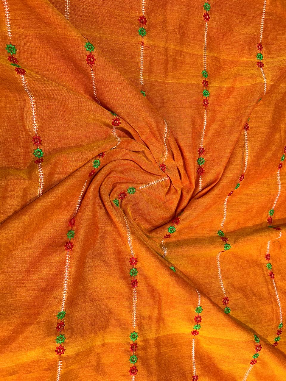 Khadi cotton saree with lined pattern embroidery - Orange