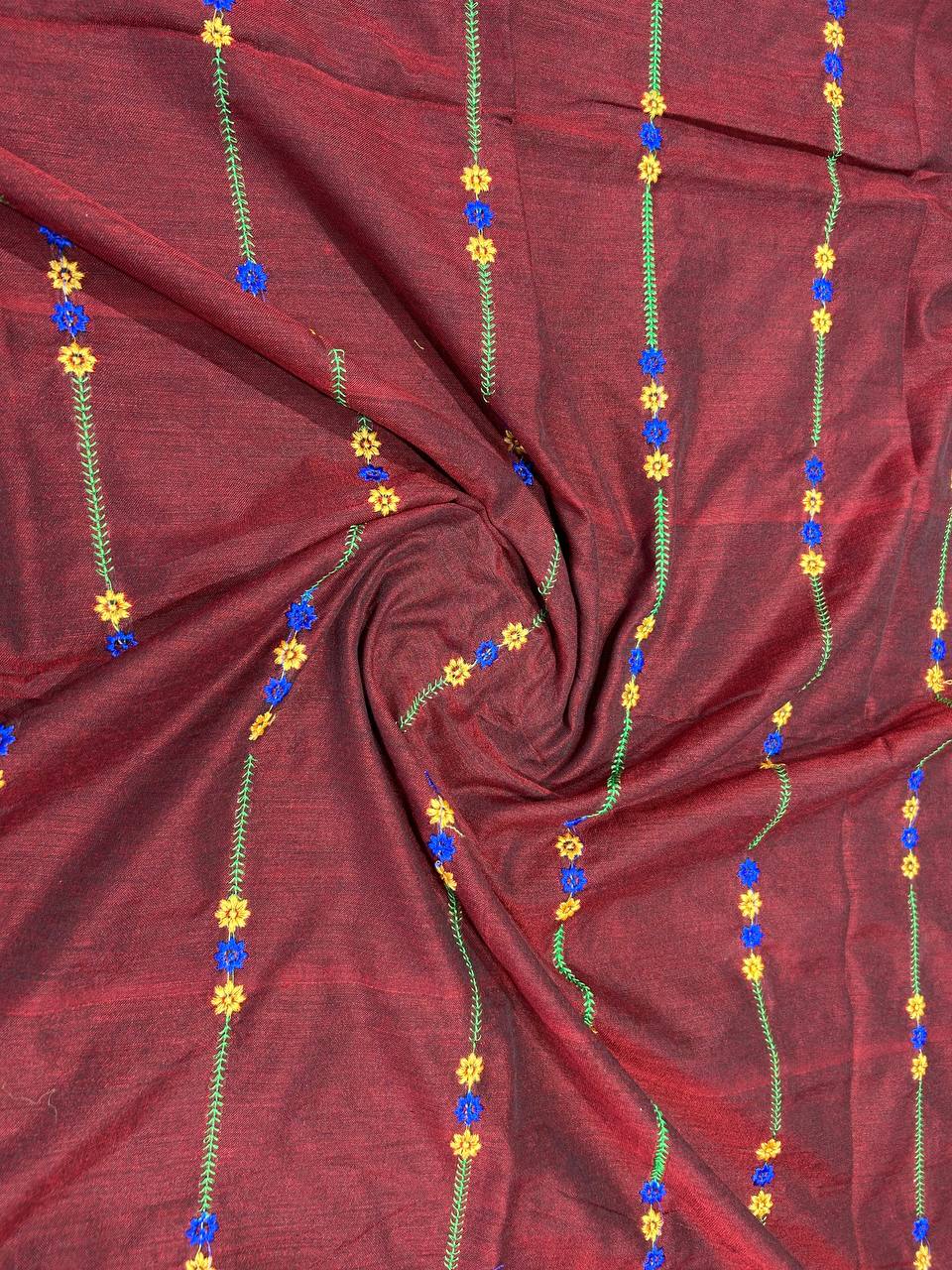 Khadi cotton saree with lined pattern embroidery - Maroon