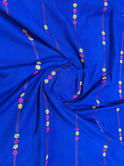 Khadi cotton saree with lined pattern embroidery - Royal blue