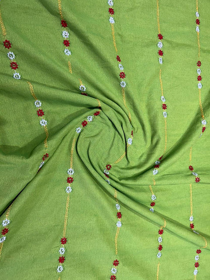 Khadi cotton saree with lined pattern embroidery - Green