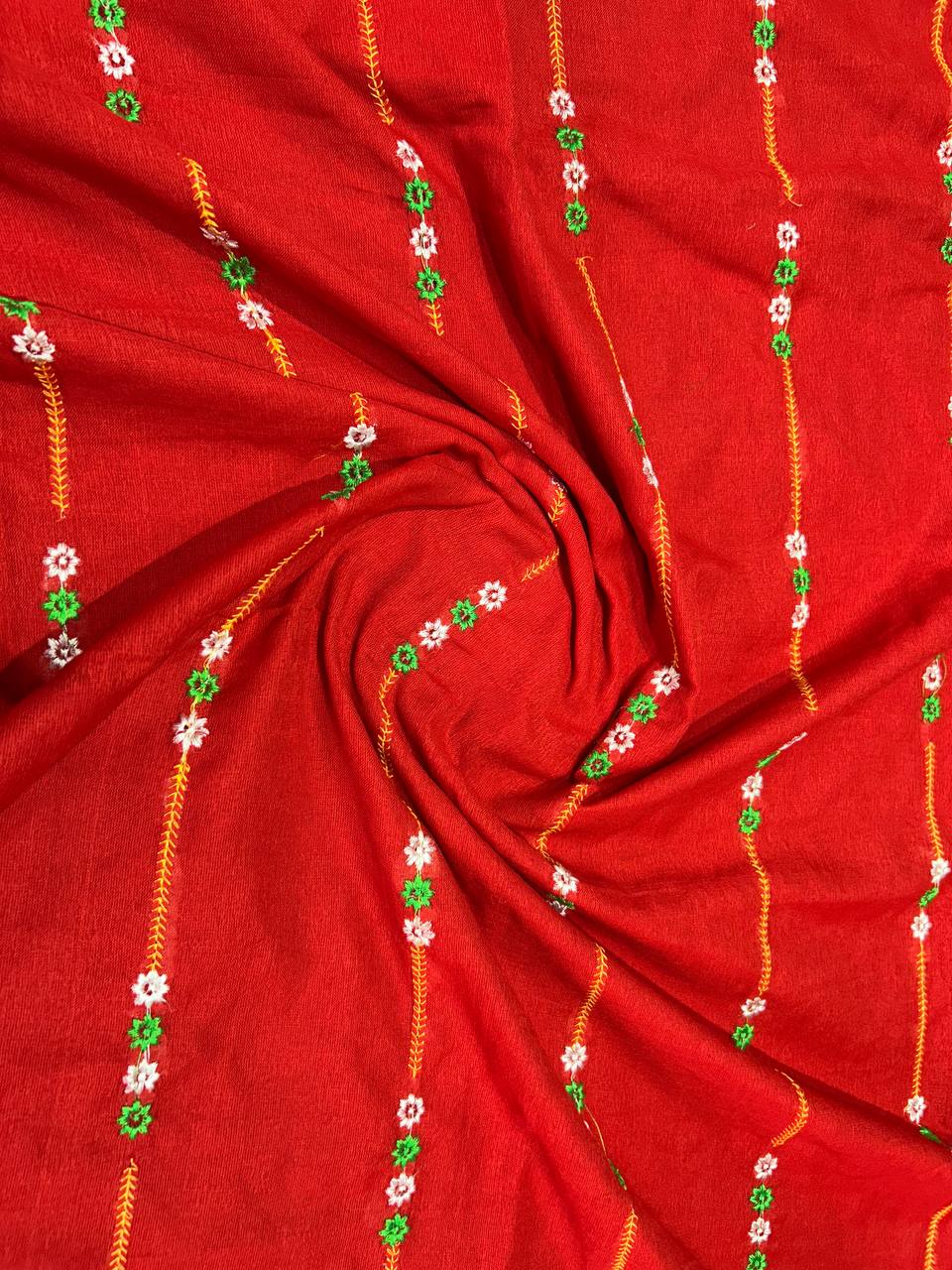 Khadi cotton saree with lined pattern embroidery - Red