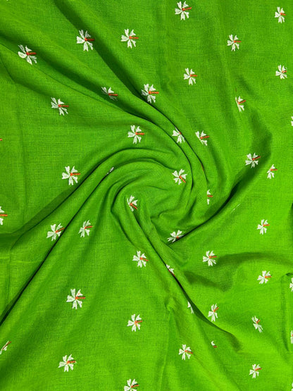 Khadi cotton saree with small flower embroidery - Green