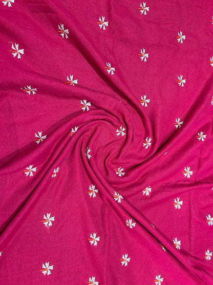 Khadi cotton saree with small flower embroidery - Dark pink