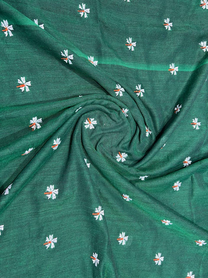 Khadi cotton saree with small flower embroidery - green