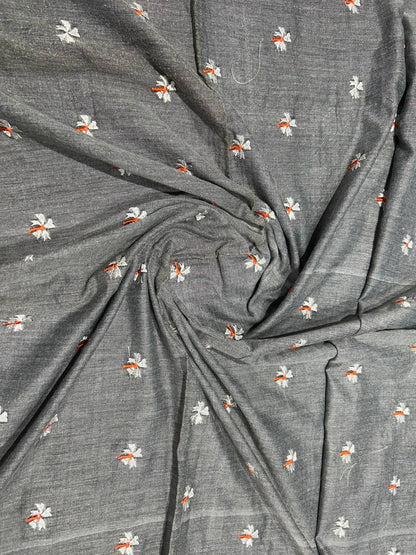 Khadi cotton saree with small flower embroidery - Grey