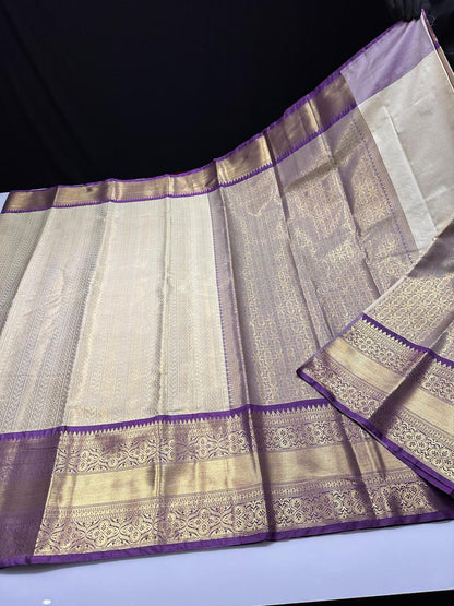 Cream with purple semi kanjivaram silk saree