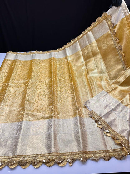 Exclusive celebrity inspired tissue brocade saree with aari work border