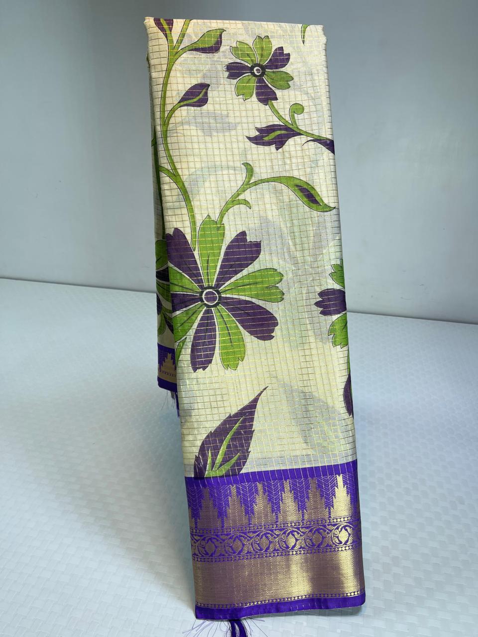 Semi kanjivaram silk saree with floral jaal prints -Cream with blue