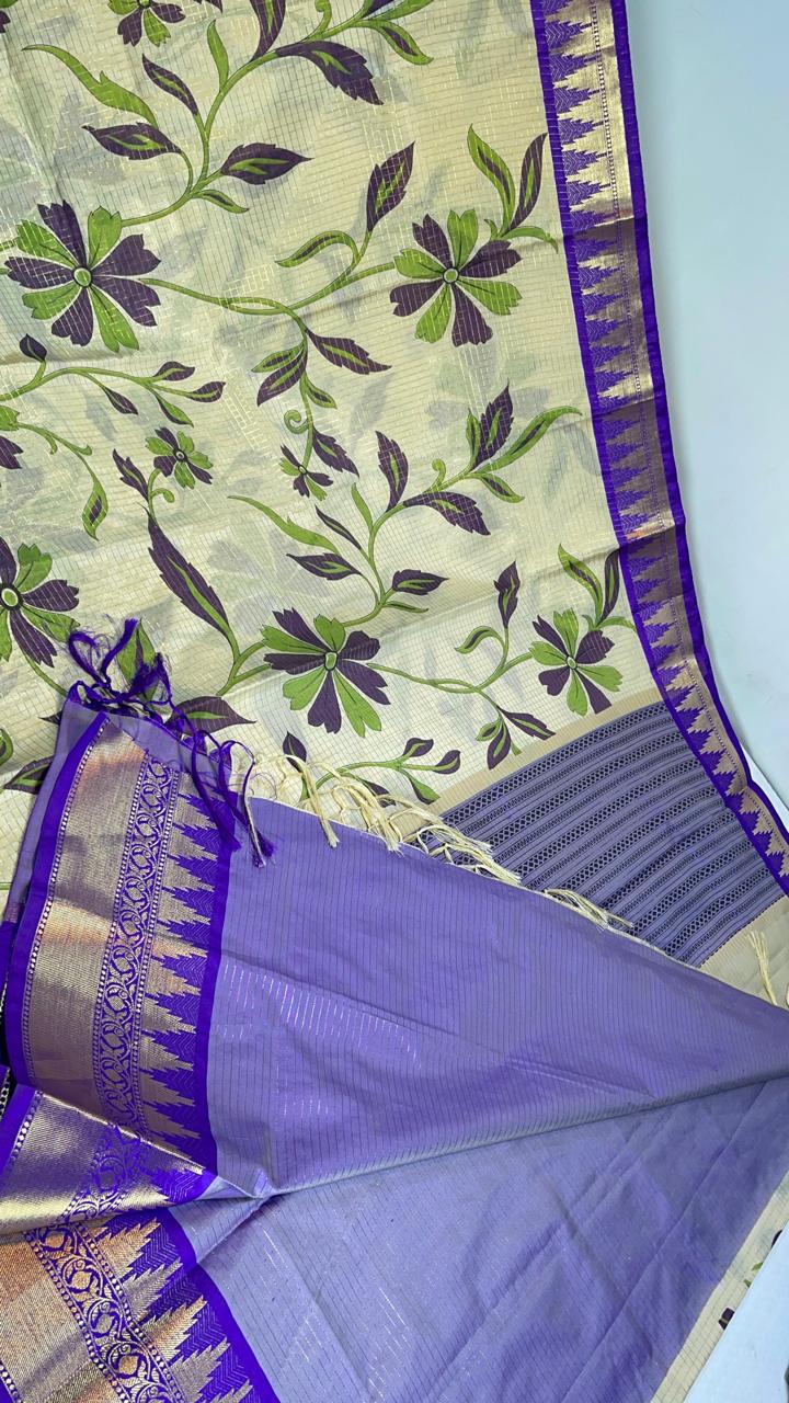 Semi kanjivaram silk saree with floral jaal prints -Cream with blue