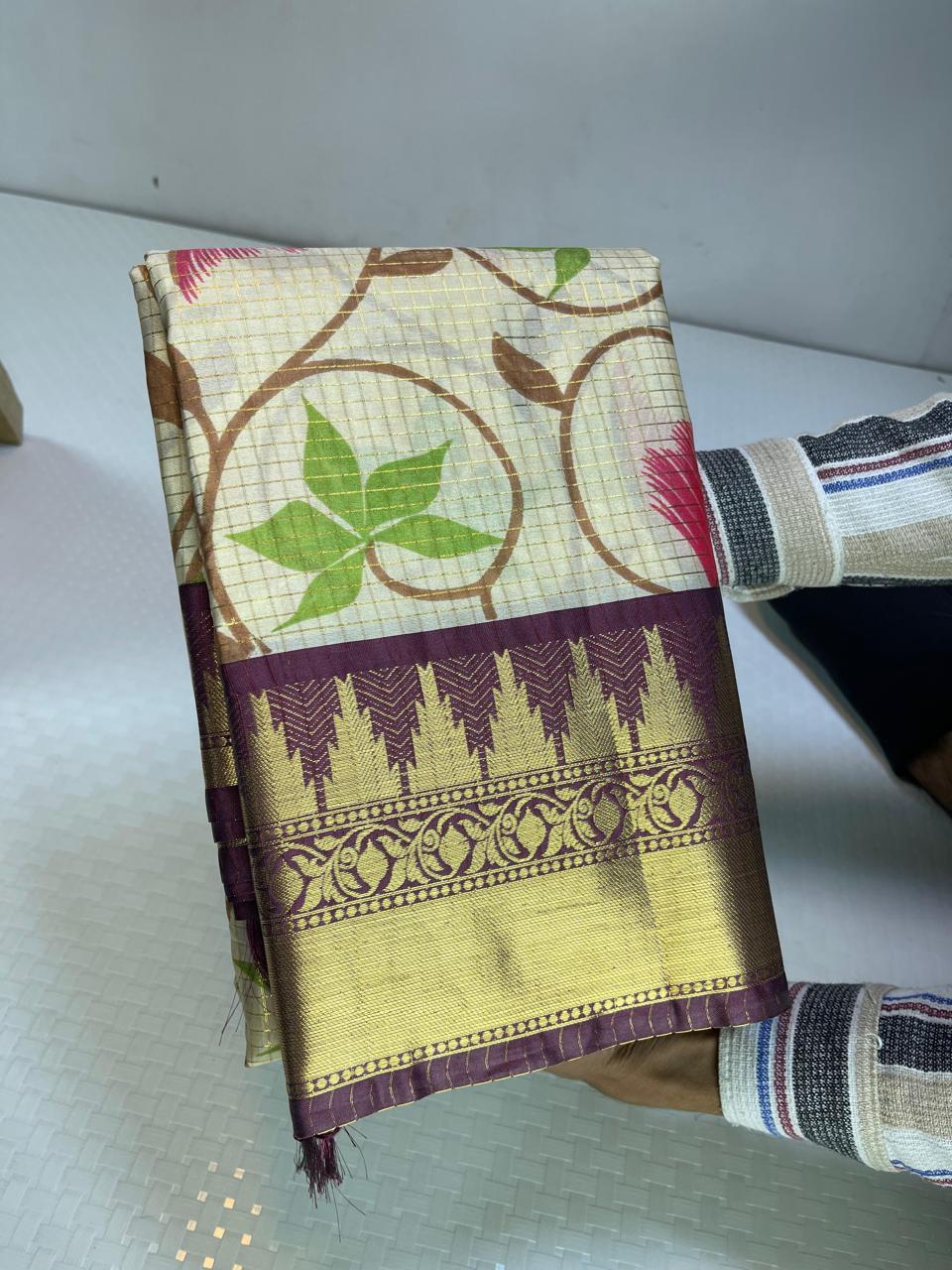 Semi kanjivaram silk saree with floral jaal prints