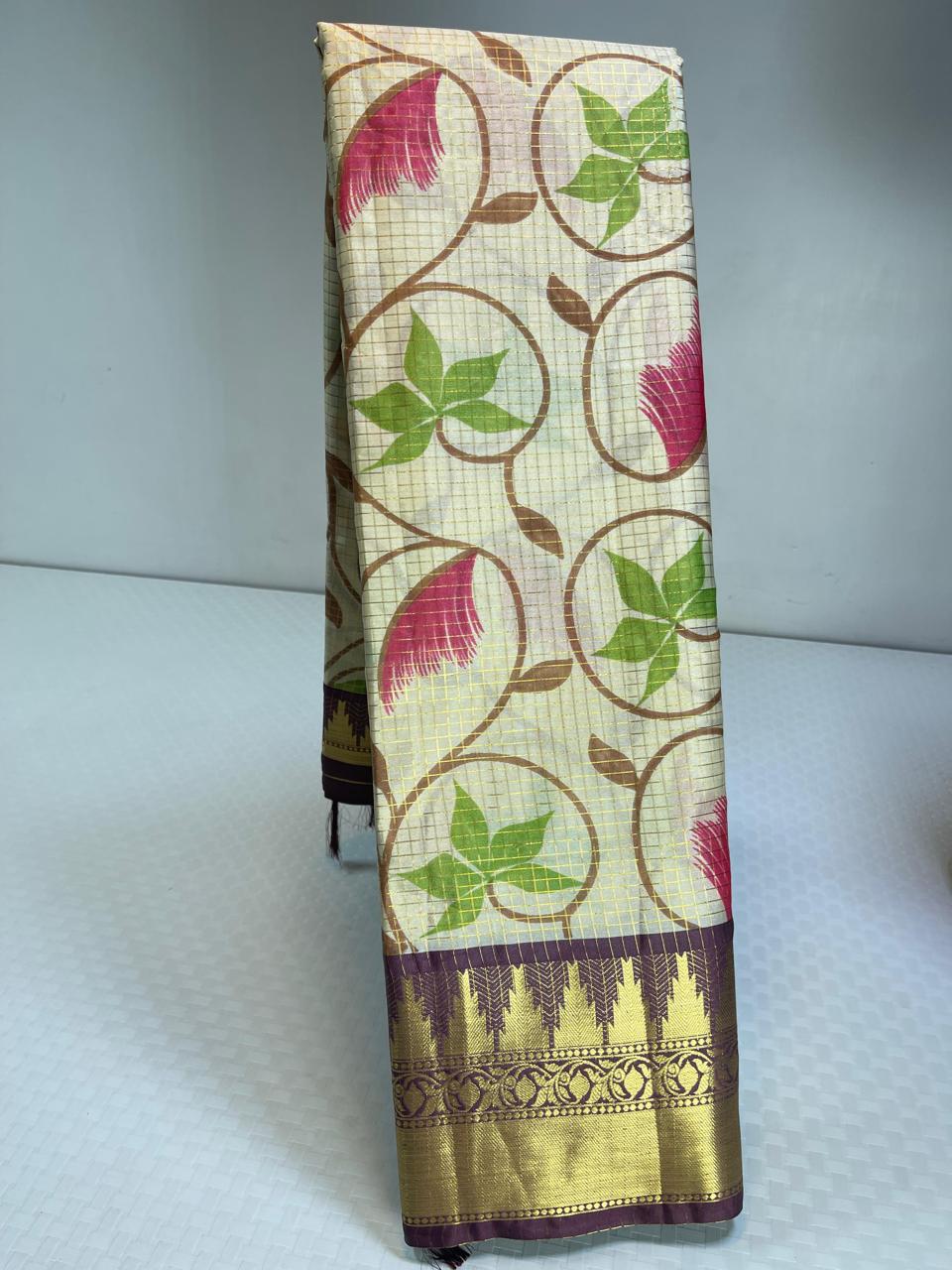 Semi kanjivaram silk saree with floral jaal prints