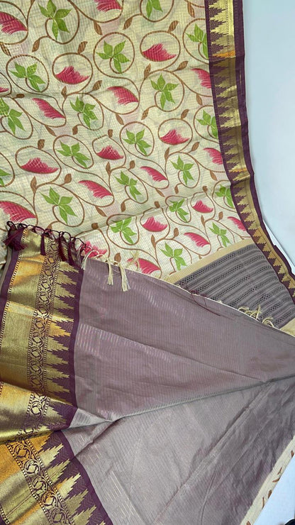 Semi kanjivaram silk saree with floral jaal prints