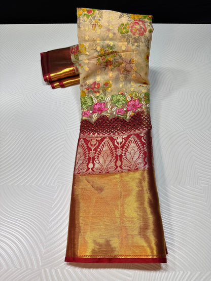 Soft banarasi silk with premium cutwork and embroidery work on the border- Cream with red