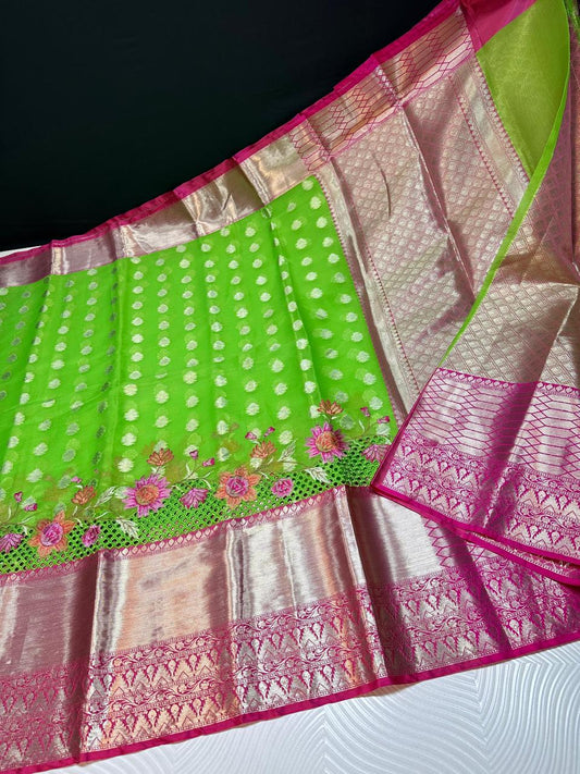 Soft Banarasi silk fabric with premium Banarasi embroidery and cutwork on the allover border -green