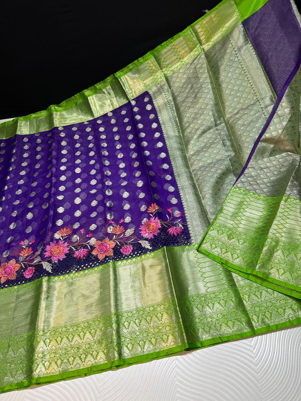 Soft Banarasi silk fabric with premium Banarasi embroidery and cutwork on the allover border -purple