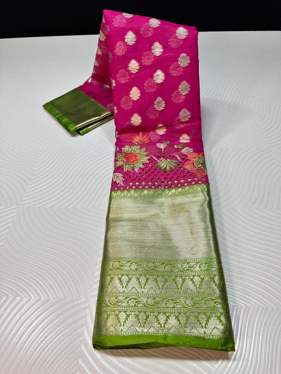 Soft Banarasi silk fabric with premium Banarasi embroidery and cutwork on the allover border