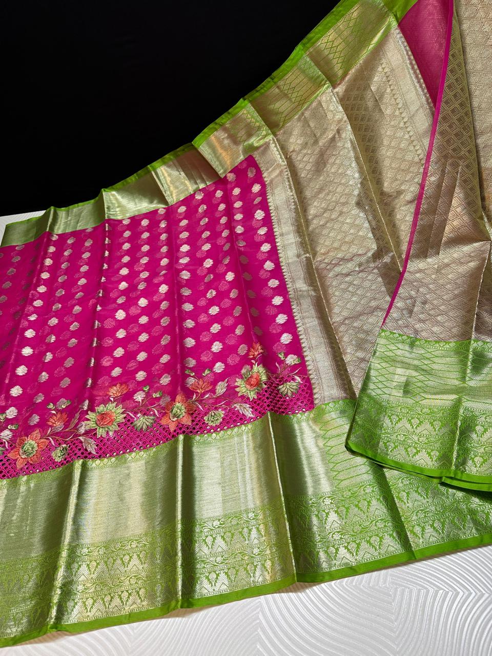 Soft Banarasi silk fabric with premium Banarasi embroidery and cutwork on the allover border