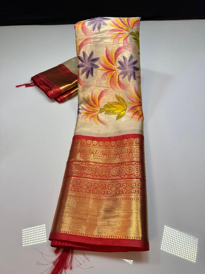 Floral hand paint print semi banarasi saree with kanchi border -Cream with red