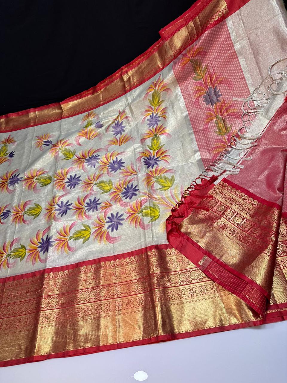 Floral hand paint print semi banarasi saree with kanchi border -Cream with red