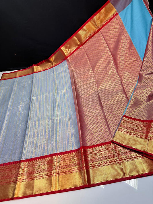 kanchipuram semi silk saree-Blue with red