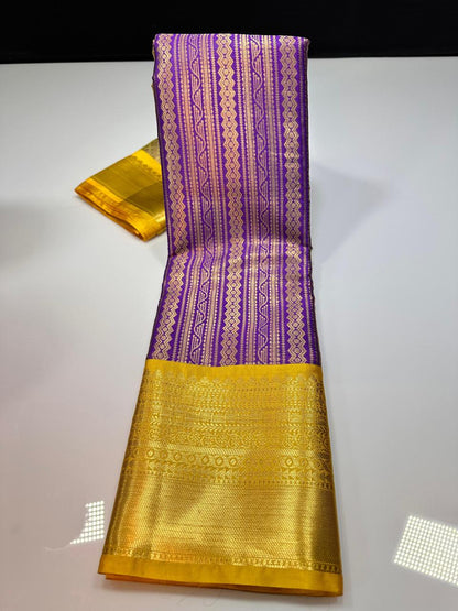 kanchipuram semi silk saree- purple with yellow