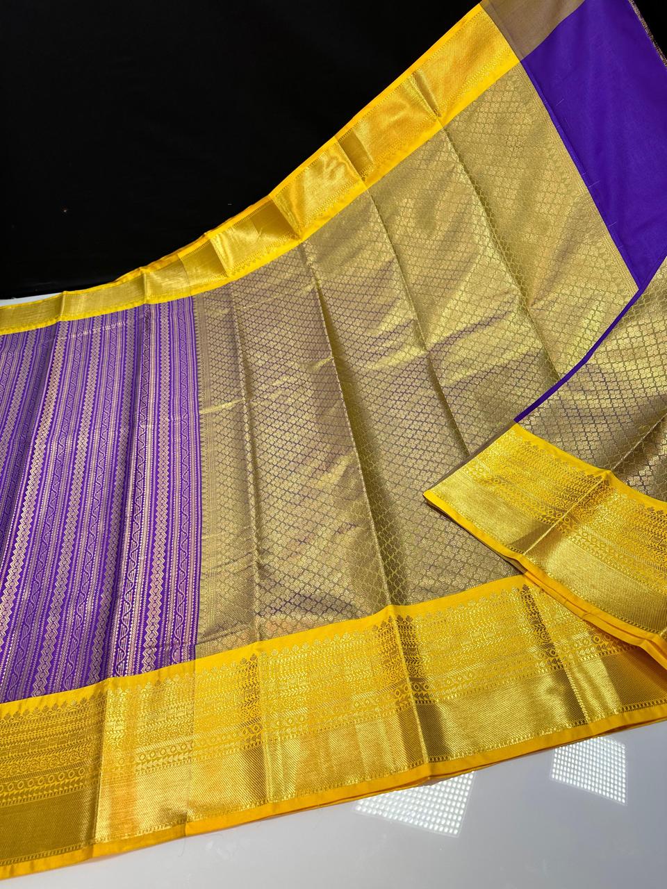 kanchipuram semi silk saree- purple with yellow