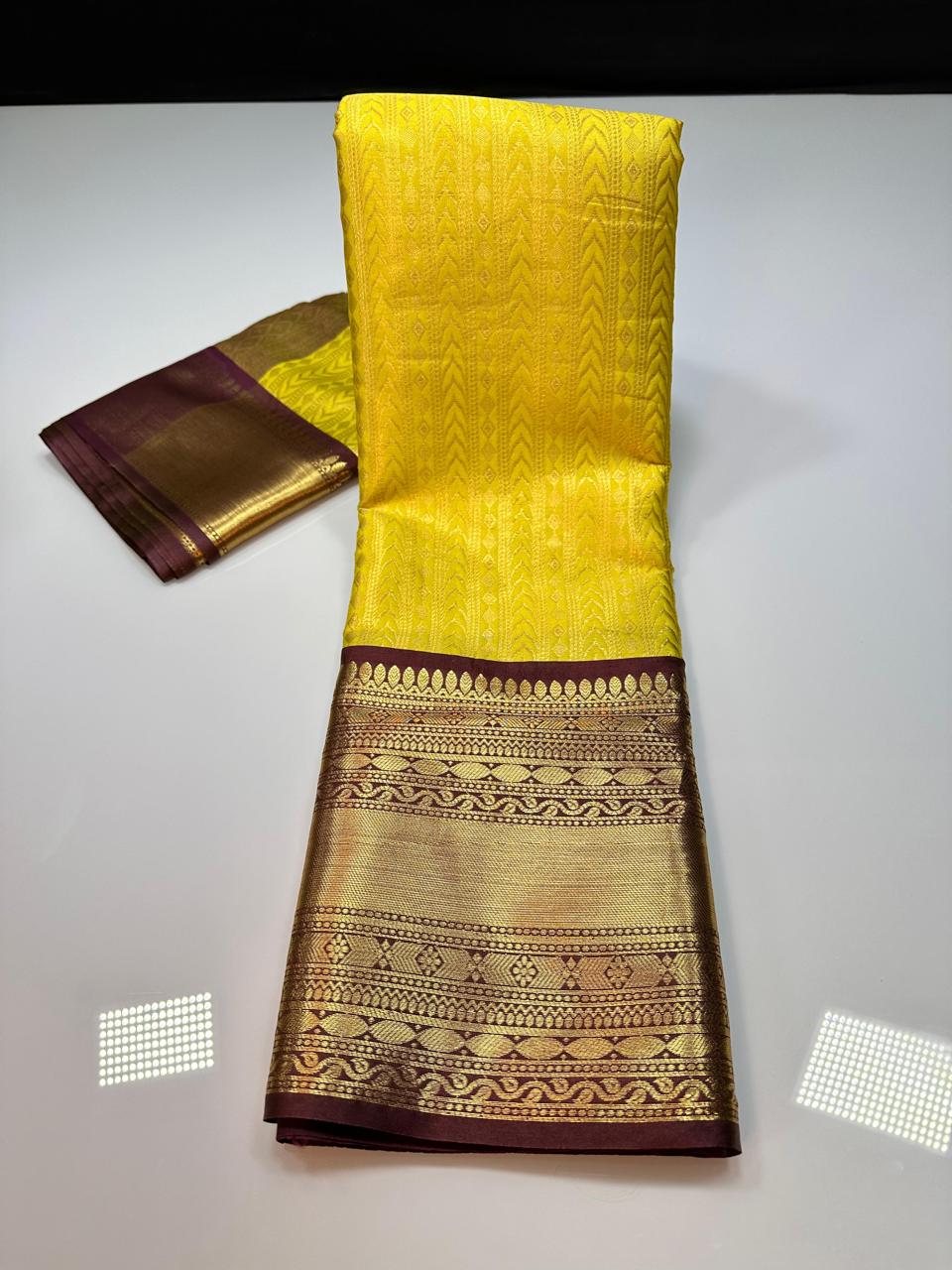 kanchipuram semi silk saree- Yellow