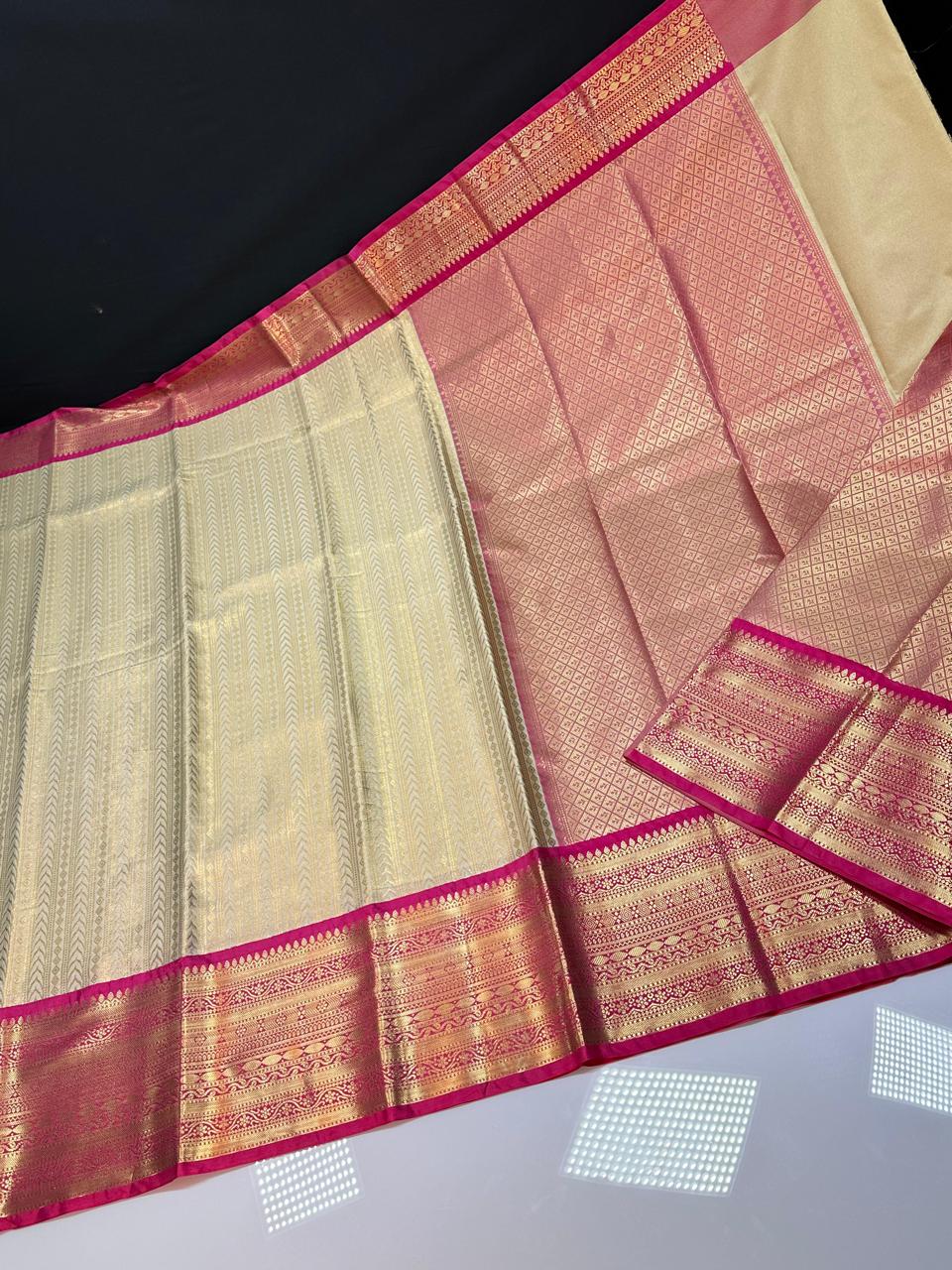 kanchipuram semi silk saree- Cream with pink