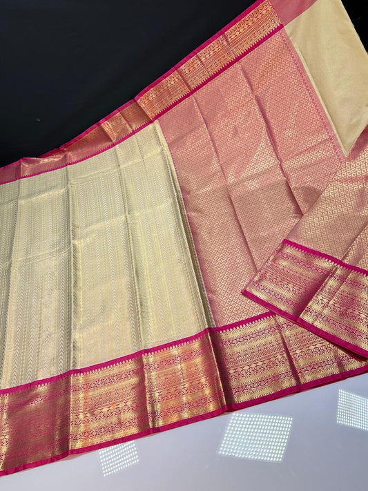 kanchipuram semi silk saree- Cream with pink