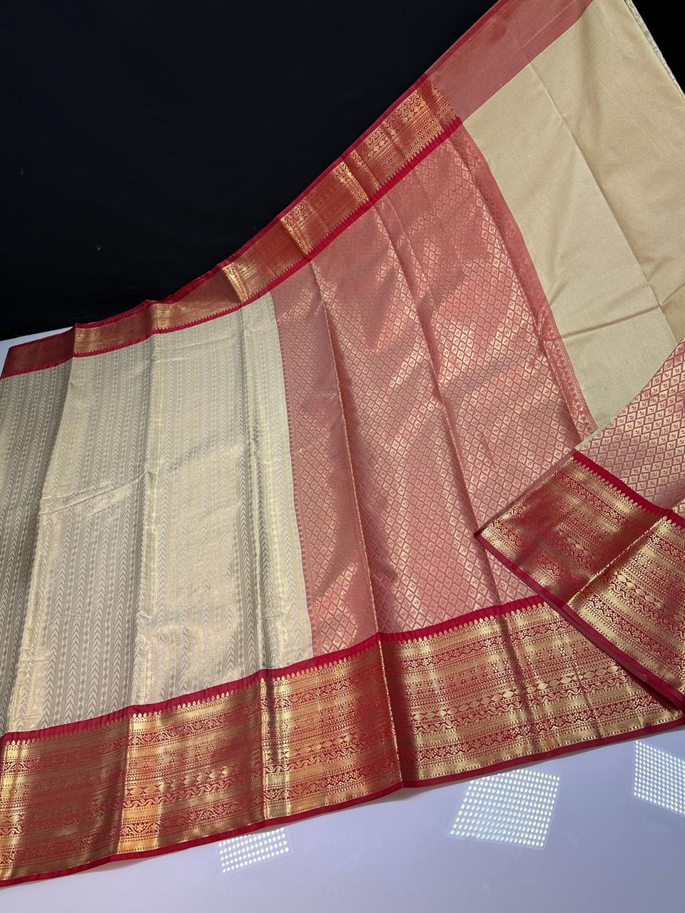 kanchipuram semi silk saree- Cream with red