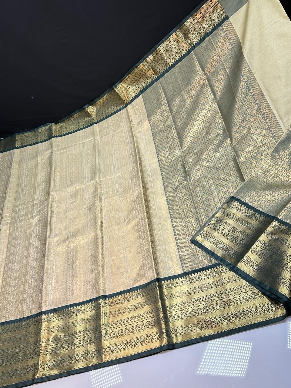 kanchipuram semi silk saree- Cream with green