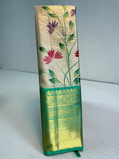 Floral hand paint print semi banarasi saree with kanchi border