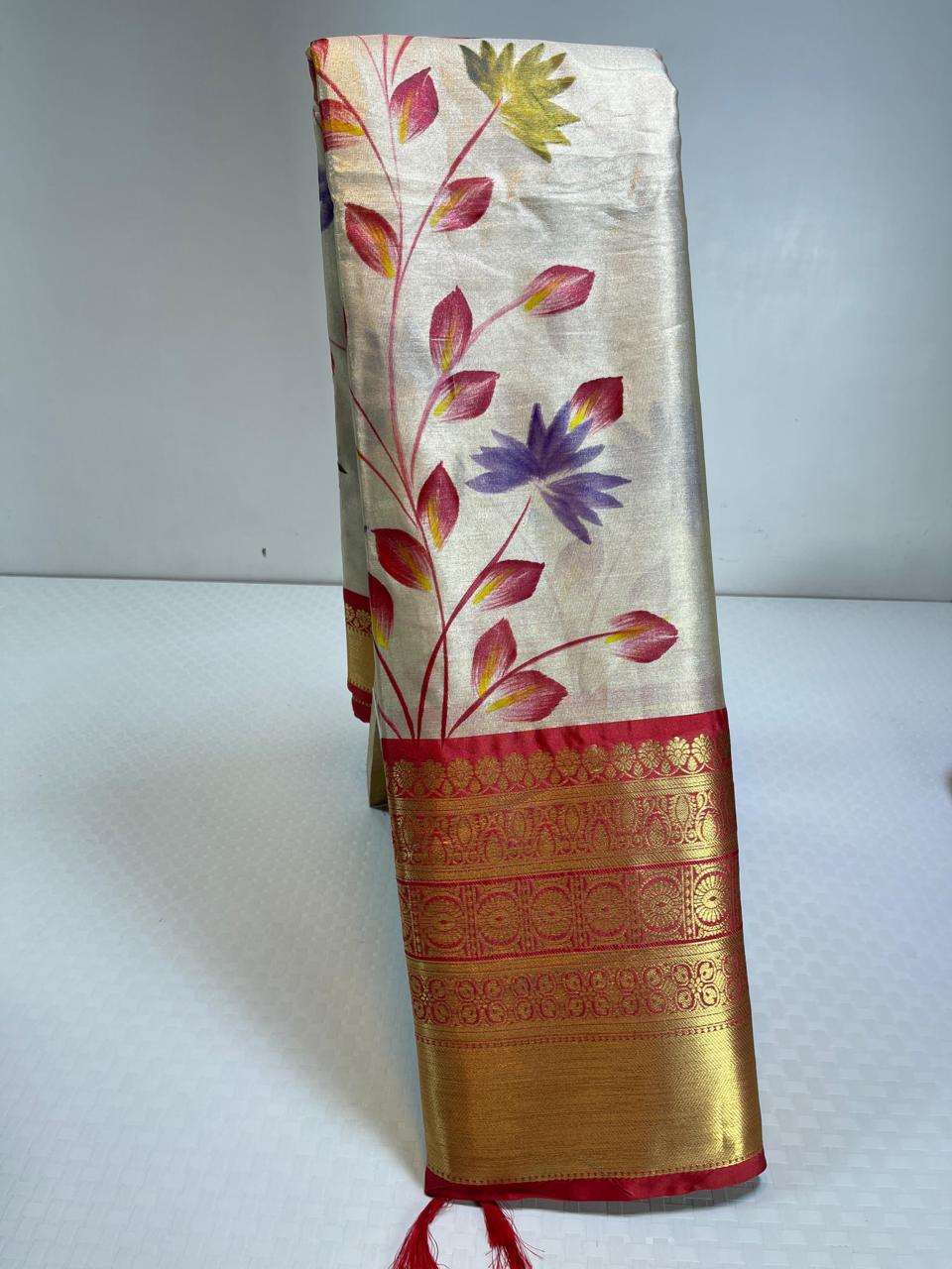 Floral hand paint print semi banarasi saree with kanchi border