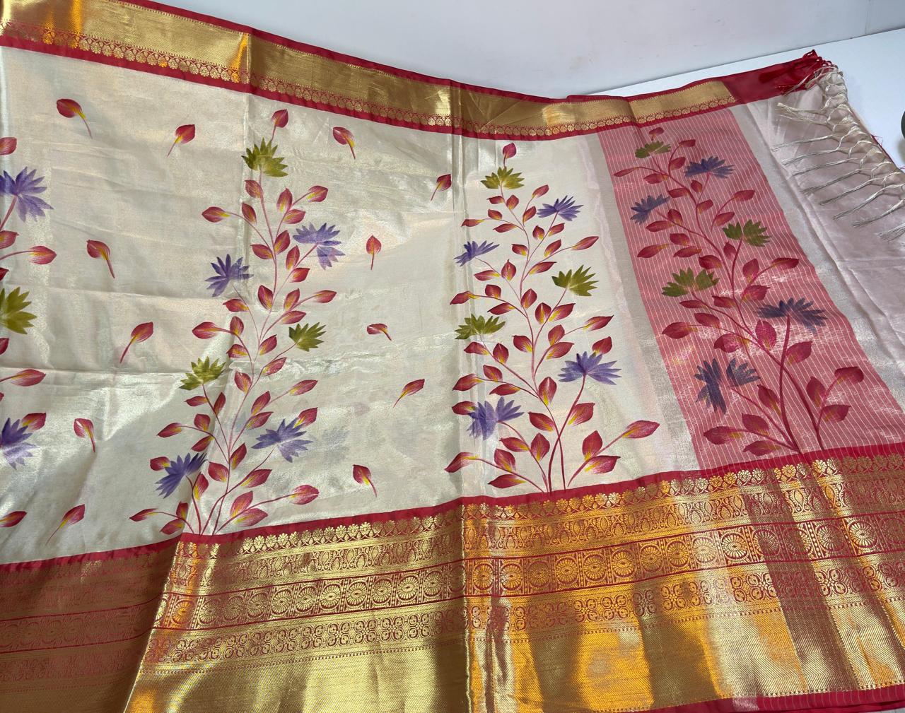 Floral hand paint print semi banarasi saree with kanchi border