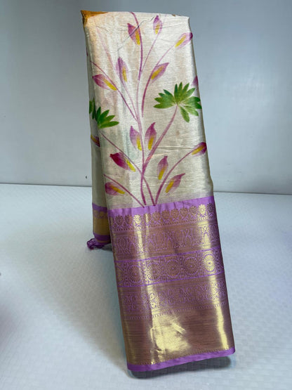 Floral hand paint print semi banarasi saree with kanchi border