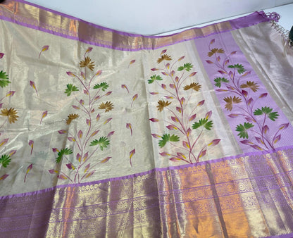 Floral hand paint print semi banarasi saree with kanchi border