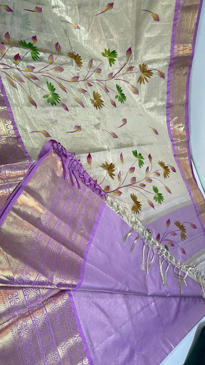 Floral hand paint print semi banarasi saree with kanchi border