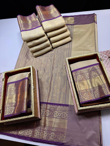 Cream with purple semi kanjivaram silk saree