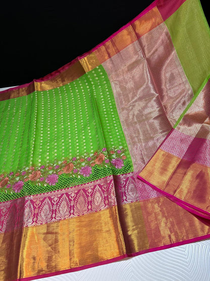 Semi pure Kanjeevaram soft silk sarees with cutwork and embroidery border