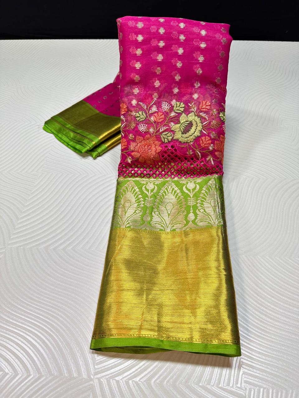 Semi pure Kanjeevaram soft silk sarees with cutwork and embroidery border