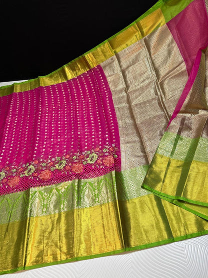 Semi pure Kanjeevaram soft silk sarees with cutwork and embroidery border