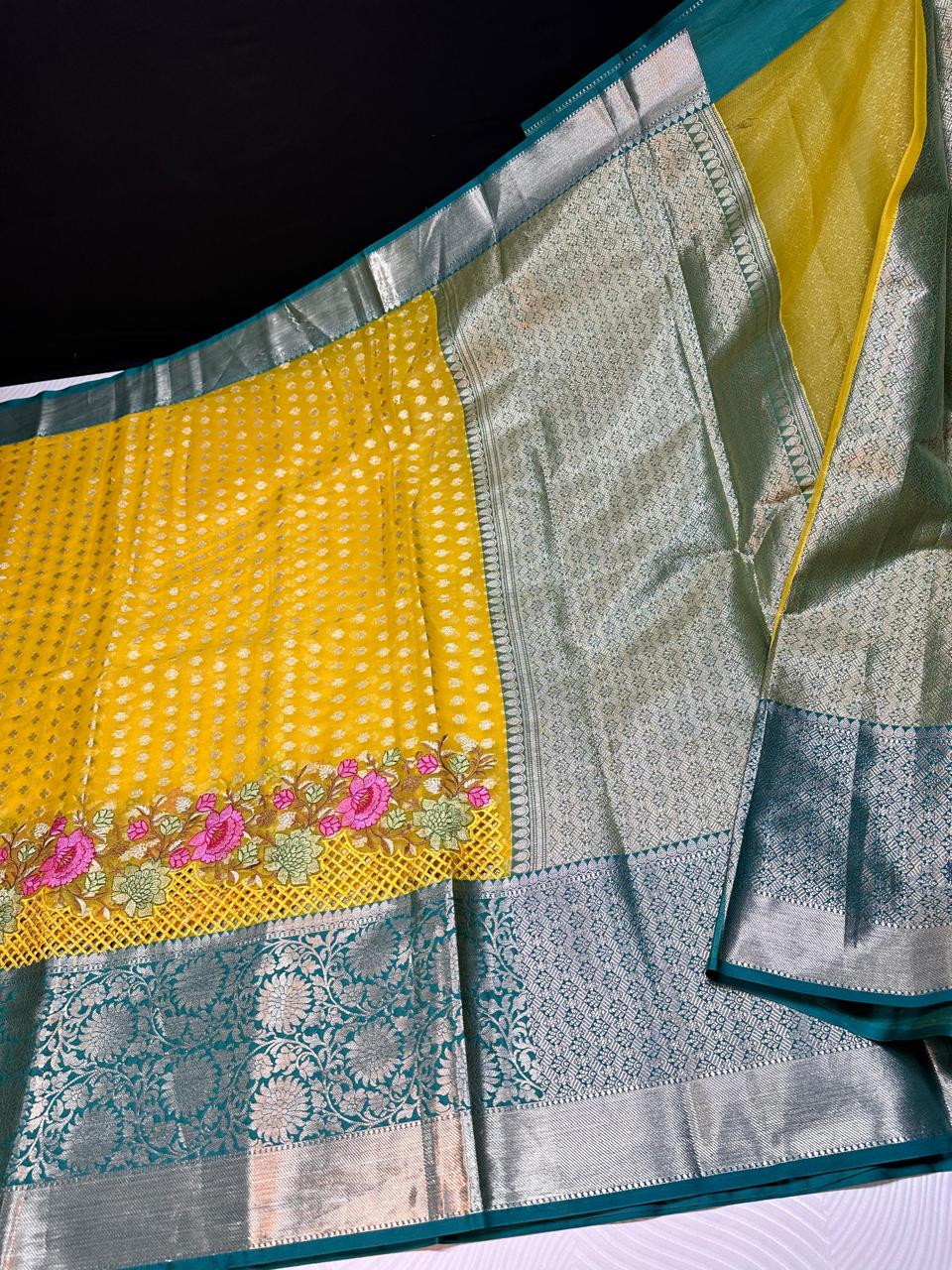 Semi pure Kanjeevaram soft silk sarees with cutwork and embroidery border