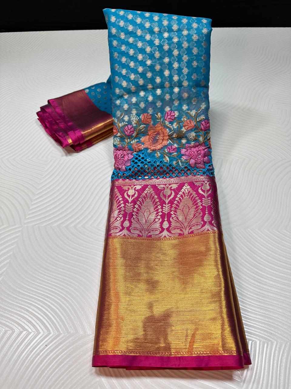 Semi pure Kanjeevaram soft silk sarees with cutwork and embroidery border