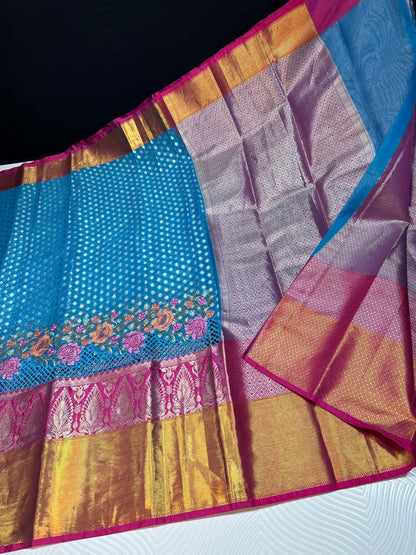 Semi pure Kanjeevaram soft silk sarees with cutwork and embroidery border